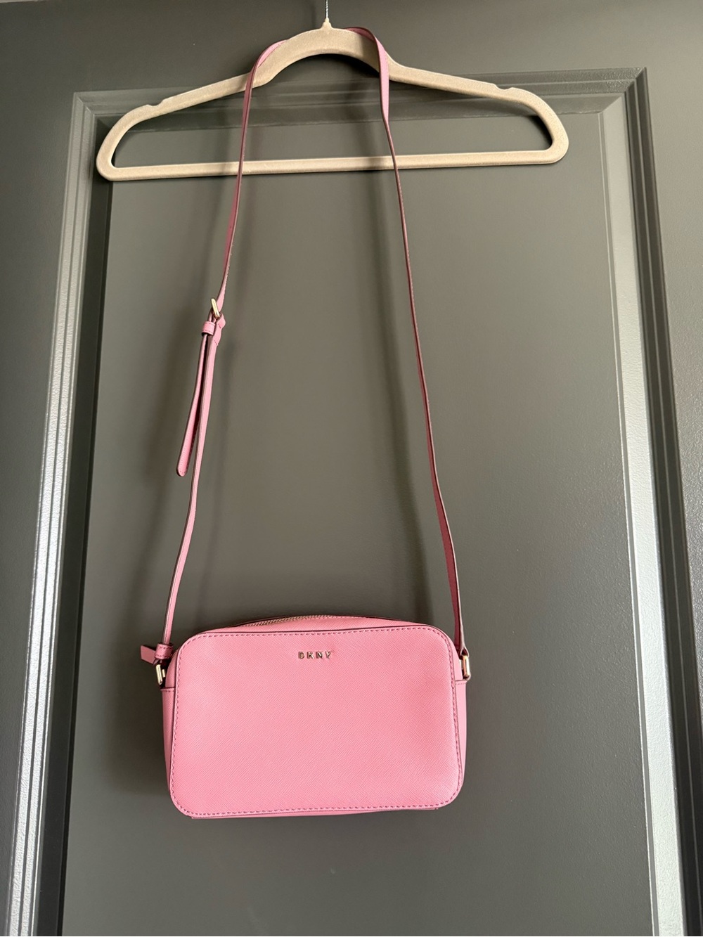 DKNY Pink Leather Crossbody Camera Bag with Gold Hardware